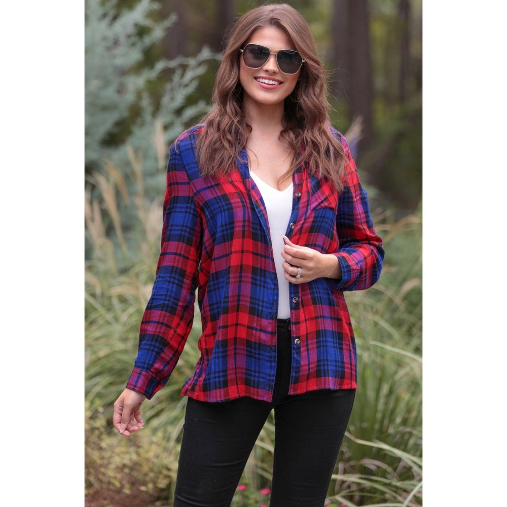 NWT Jess Lea Womens 2X‎ Red Blue Plaid Button Up Tunic Top Roll Tab Sleeve Shirt